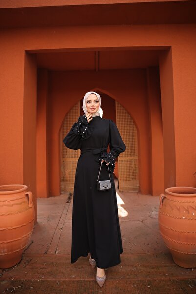 Esre Store 4507 - L-4 - فستان حجاب بتفاصيل حجرية أسود