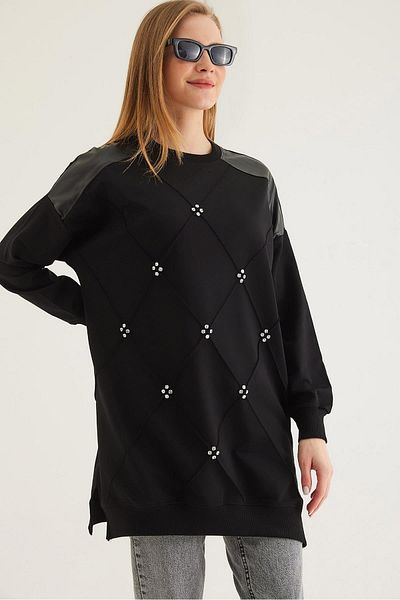 CALİENTE Leather Garnished Stone Two Thread Tunic Black