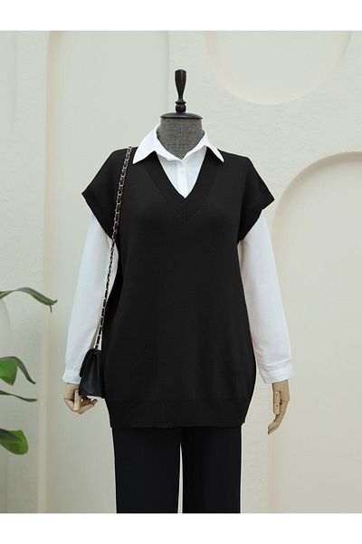 Modamorfo V-Neck Oversize Knitwear Sweater -Black