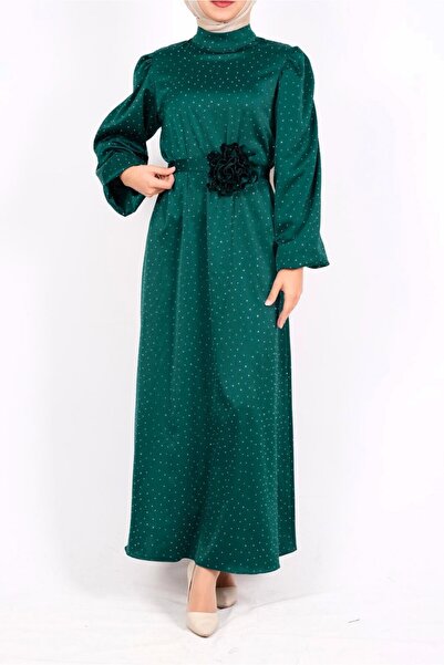 Modamorfo Balloon Sleeve Belted Stone Satin Dress - Emerald