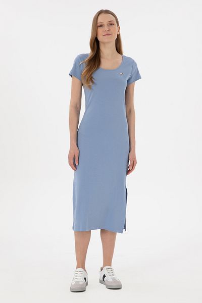U.S. Polo Assn. Women's Blue Slit Crew Neck Midi Length Knitted Dress 50305753-Vr036
