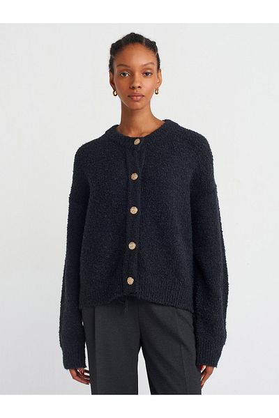 Dilvin 60276 V-Neck Buttoned Boucle Knitwear Cardigan (Anthracite)