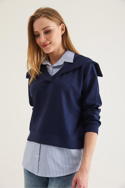 CALİENTE Modal Fabric Shirt Garnished Tunic Navy Blue