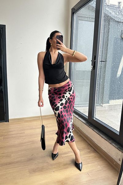 Mixray 4647 Fusta de damă din satin leopard cu talie elastică Roșu Claret
