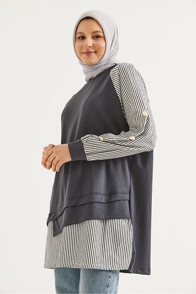CALİENTE Sleeve and Skirt Shirt Garnished Tunic Gray