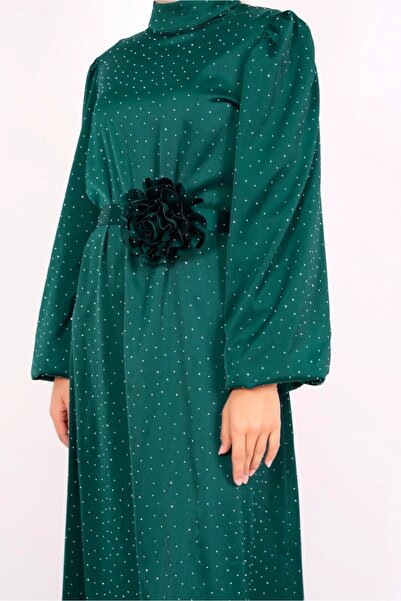 Modamorfo Balloon Sleeve Belted Stone Satin Dress - Emerald