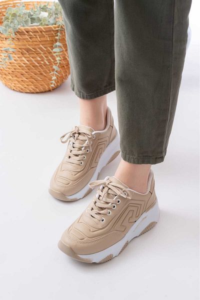 Weynes Women's Cream Leather Embossed High Sole Sports Shoes Wsb4012