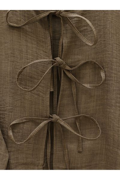 Modamorfo Linen Suit with Lace-Up Front and Elastic Waist Skirt - Light Brown