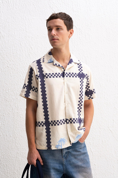 GIESTO Короткий рукав, візерунковий, темно-синя сорочка