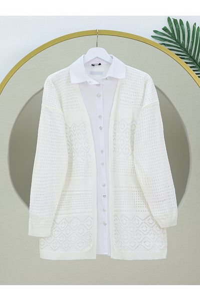 Modamorfo Cardigan de tricotaj sezonier ajurat - Ecru