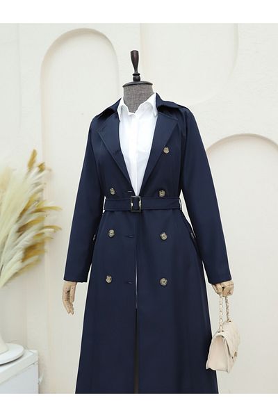 Modamorfo Double Button Belted Trench Coat - Navy