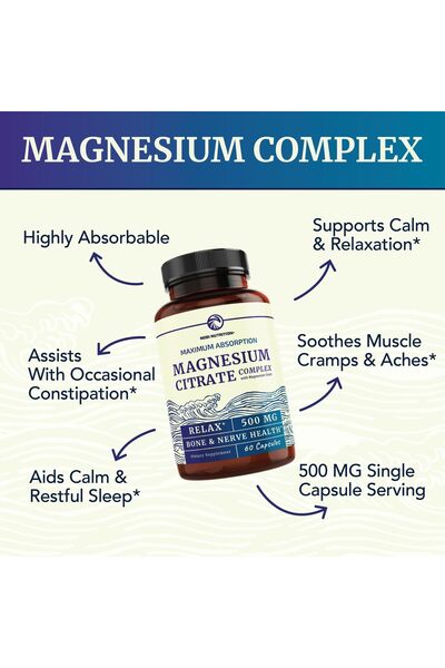 Nobi Nutrition Magnesium Citrate Complex 500mg for Calm, Relaxation & Digestion | High Absorption, Non-GMO | 60 Ct