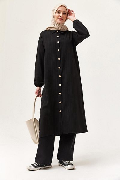 CALİENTE Linen Buttoned Long Hijab Tunic Black