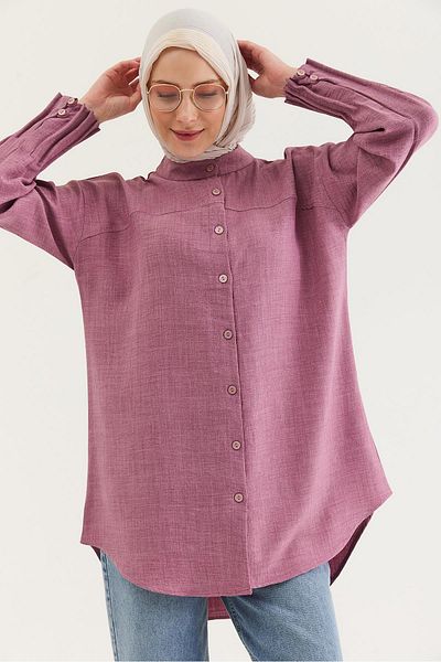 CALİENTE Linen Fabric Sleeve Ribbed Detailed Shirt Tunic Dusty Rose