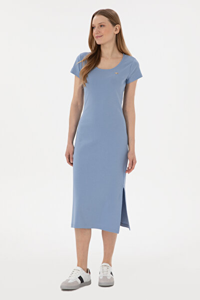 U.S. Polo Assn. Kadın Mavi Yırtmaçlı Bisiklet Yaka Midi Boy Örme Elbise 50305753-VR036