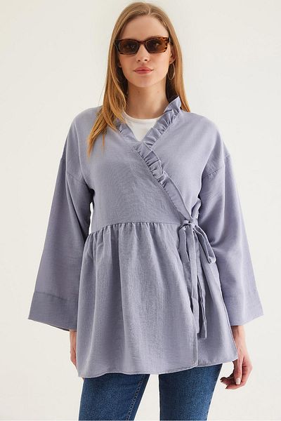 CALİENTE Side Tie Kimono with Ruffled Collar Gray