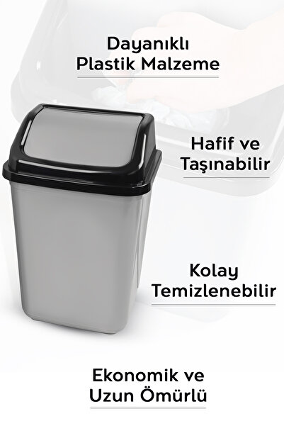 Meleni Home 30 Litre Kapaklı Plastik Çöp Kovası - Ev Ofis Banyo Mutfak Çöp Kovası Gri