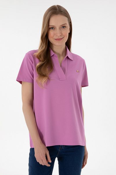 U.S. Polo Assn. تي شيرت نسائي بياقة بولو أساسية باللون الوردي 50305700 -vr023