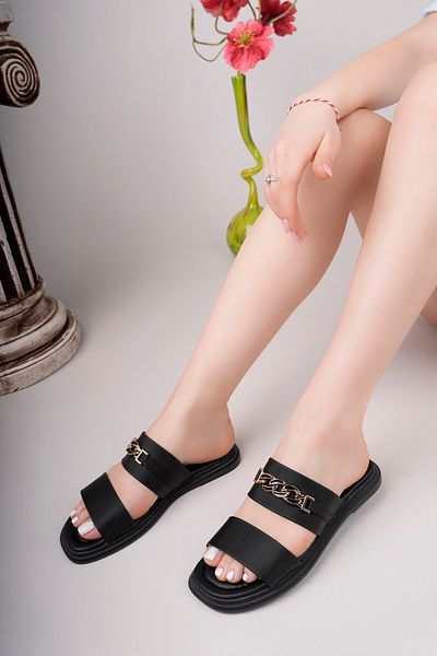 Nexs Women's Double Banded Chain Buckle Stylish Black Slippers