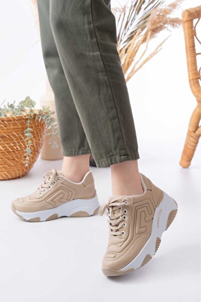 Weynes Γυναικεία Κρεμ Δερμάτινα Ανάγλυφα Αθλητικά Παπούτσια με ψηλή σόλα Wsb4012