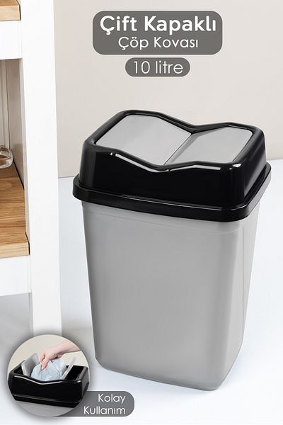 Meleni Home Coș de gunoi din plastic cu capac dublu - Coș de gunoi pentru birou, baie, bucătărie, gri 10 litri