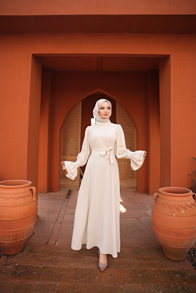 Esre Store Bej L-4- Rochie de modă cu detalii de piatră 4507