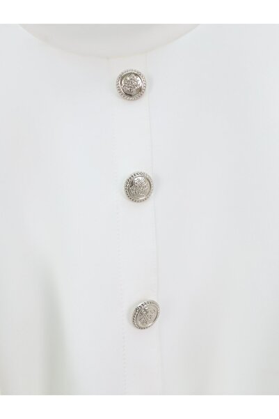 Modamorfo Button Detailed Stand Collar Ruffled Shoulder Scuba Suit - White