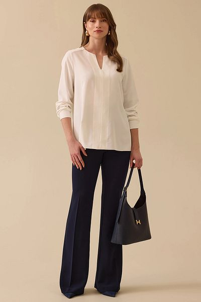 SEÇİL Women's V-Neck Blouse, Wide Cut, Ecru Color