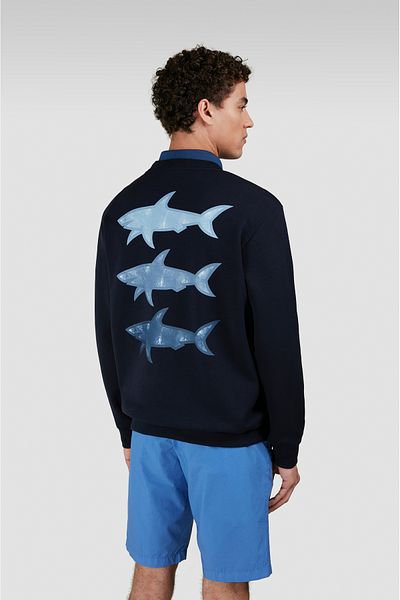 PAUL&SHARK Men's Regular Fit Round Neck Back Shark Printed Front Logo Embroidered Cotton Long Sleeve Navy Blue S