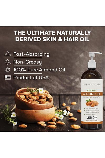 Viva Naturals Sweet Almond Oil for Skin & Hair - Non-Greasy Body & Massage Oil, Essential Oil Carrier, 16 fl oz