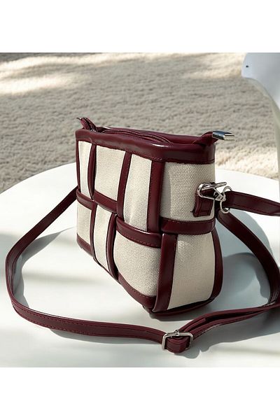 Katusa Women's Canvas Knitted Burgundy-Cream Shoulder Bag