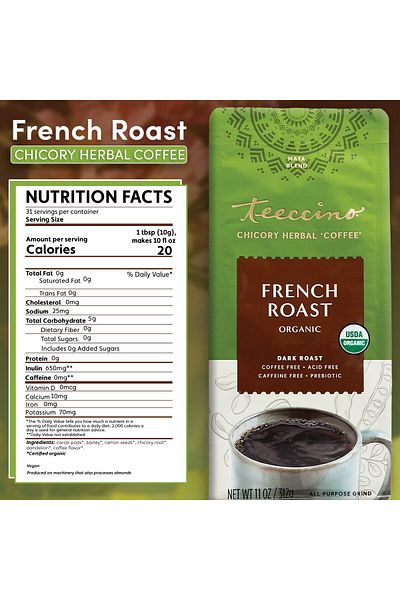 Teeccino French Roast Chicory Coffee, 11oz: Caffeine-Free, Acid-Free, Prebiotic, Dark Roast