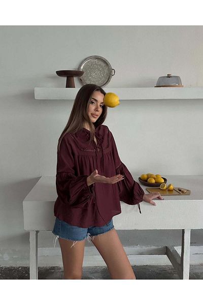 gmbutikk Cămașă cu mânecă cu balon cu dantelă pentru femei Cămașă pentru femei Cămașă PREMIUM