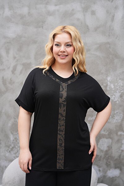 Siyezen Large Size Oversize Blouse with Silver Gold Stone Printed Collar