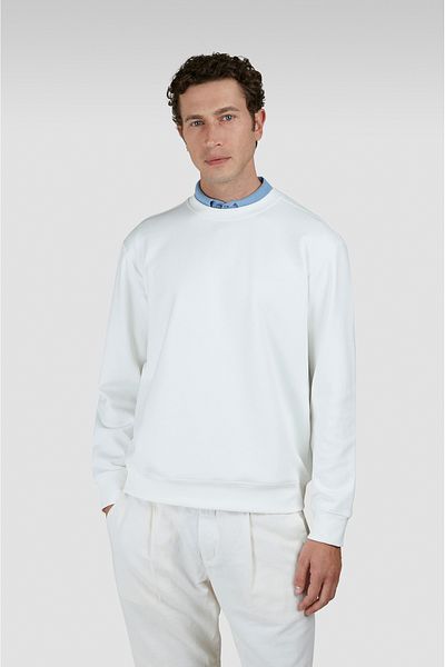 PAUL&SHARK Men's Regular Fit Round Neck Back Shark Printed Front Logo Embroidered Cotton Long Sleeve White Swea