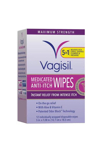 Vagisil مناديل نسائية طبية مضادة للحكة، قوة قصوى، تم اختبارها من قبل أطباء أمراض النساء، 12 منديل