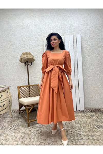 KÜÇÜĞÜM BUTİK Salmon Long Bow Flared Poplin Dress
