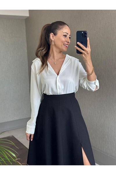 Forlady4 Black Godeli Women's Midi Length Skirt with Side Slits and Pockets
