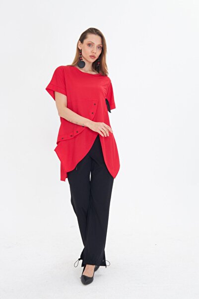 LAMANTE ASİMETRİK KESİM ÇITÇIT DETAY KIRMIZI T-SHIRT