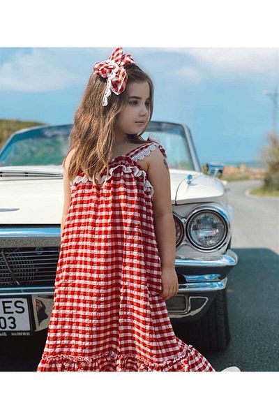 Hilal Akıncı Kids Girl's Gingham Woven Long Dress