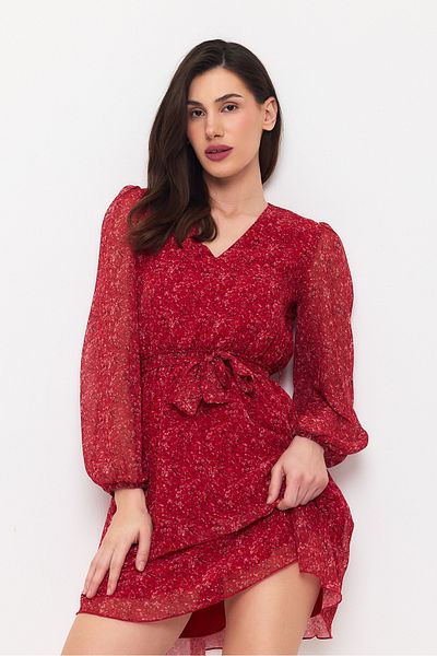Ceylen Crispy Floral Patterned Chiffon Lined Dress