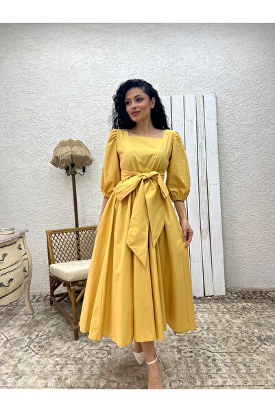 KÜÇÜĞÜM BUTİK Mustard Long Bow Flared Poplin Dress