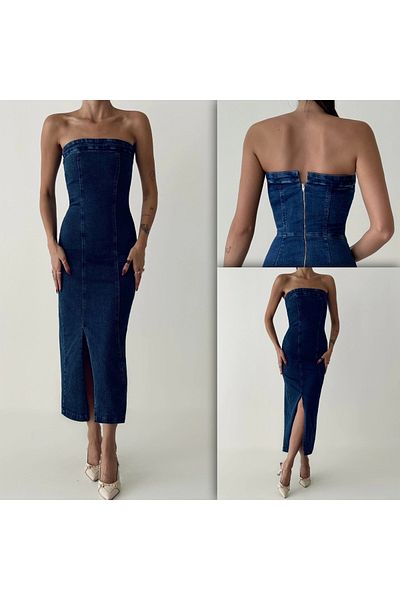Ecenin Favorileri Rochie din denim cu fante fără bretele