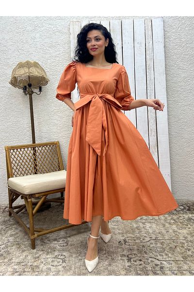 KÜÇÜĞÜM BUTİK Salmon Long Bow Flared Poplin Dress