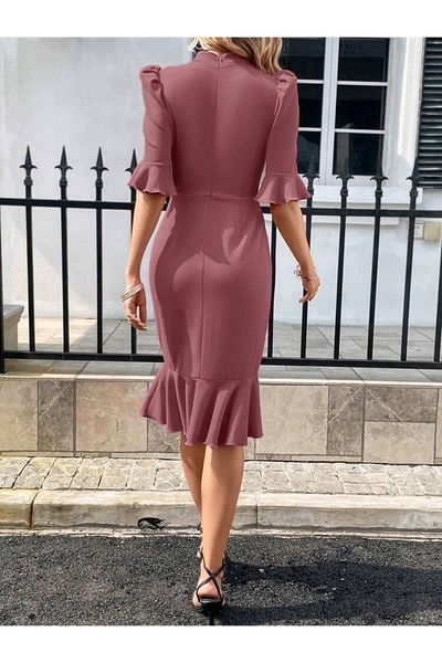 Masspera Women's Short Sleeve Half Turtleneck Skirt with Ruffles Hem Midi Imported Crepe Dress