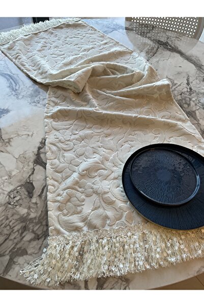 Hyatt Concept İpek Kadife Krem/Kırık Beyaz Püsküllü Runner Hediyelik&Günlük