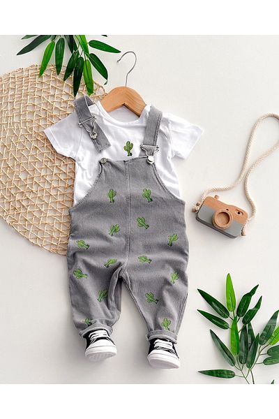 hümabebe Cactus Printed Summer Knitted Jeans Salopet Set of 2