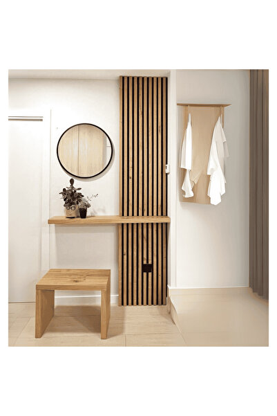 AdnDesing Aynalı Dresuar Ahşap Çıtalı Ahşap Desk Set Hol Antre