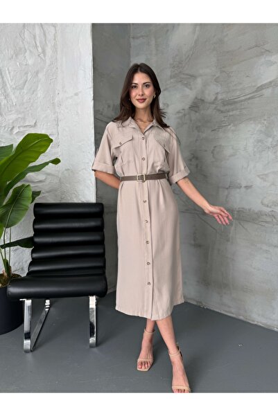 Elif Özbey Butik Taş Boydan Düğmeli Kemerli Elbise