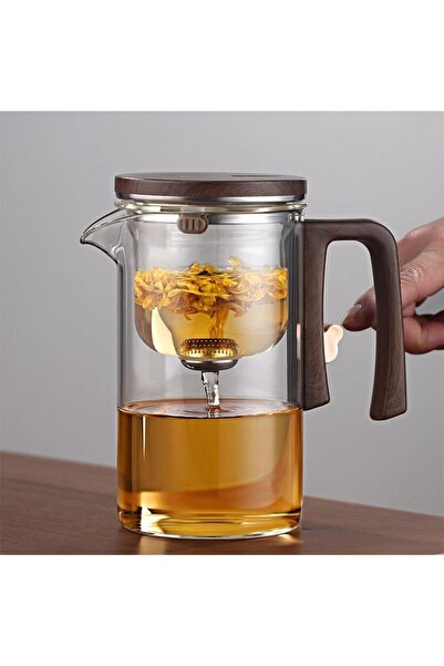 Qerhome Borosilikat Cam Ahşap Kapak ve Sap Detaylı Mıknatıs Özellikli Lüks Bitki Çayı Demliği 520 Ml